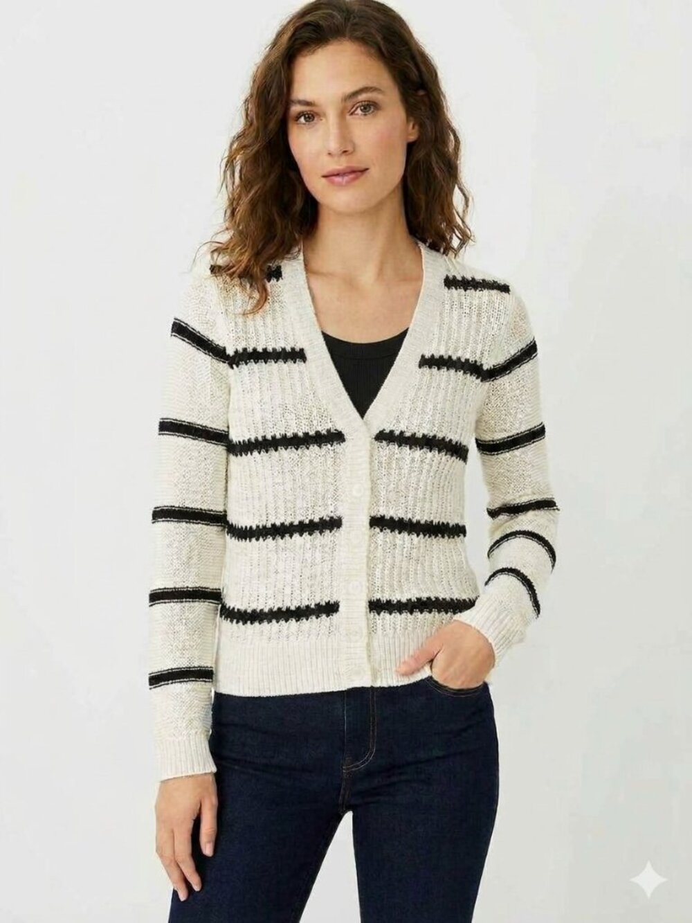 Loft button-up cardigan sweater, cream and black, size S
